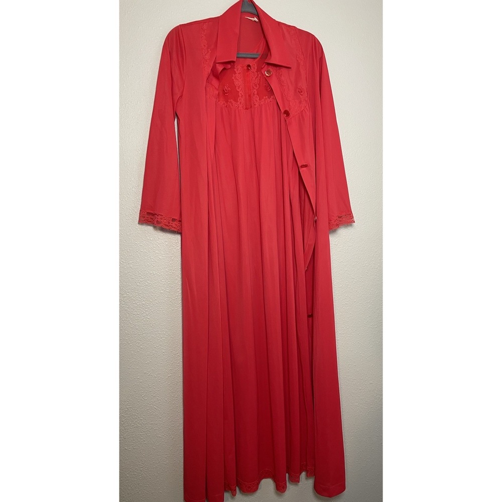 Vintage Texsheen Red Rose Peignor‎ Set Robe Gown Size Small
